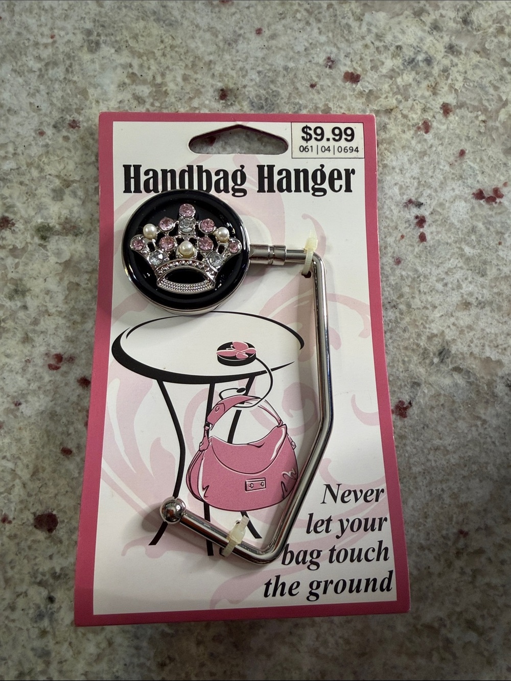 Handbag Hanger with Pink Crystal Crown Accent